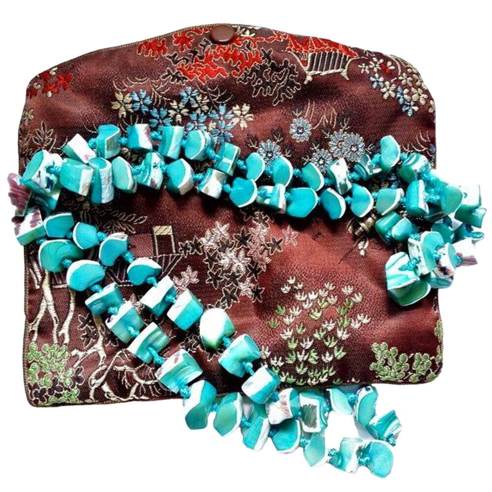 Les Bernard Shell Beaded Necklace Turquoise Blue White Boho Artisan MOP 32" - Picture 3 of 9